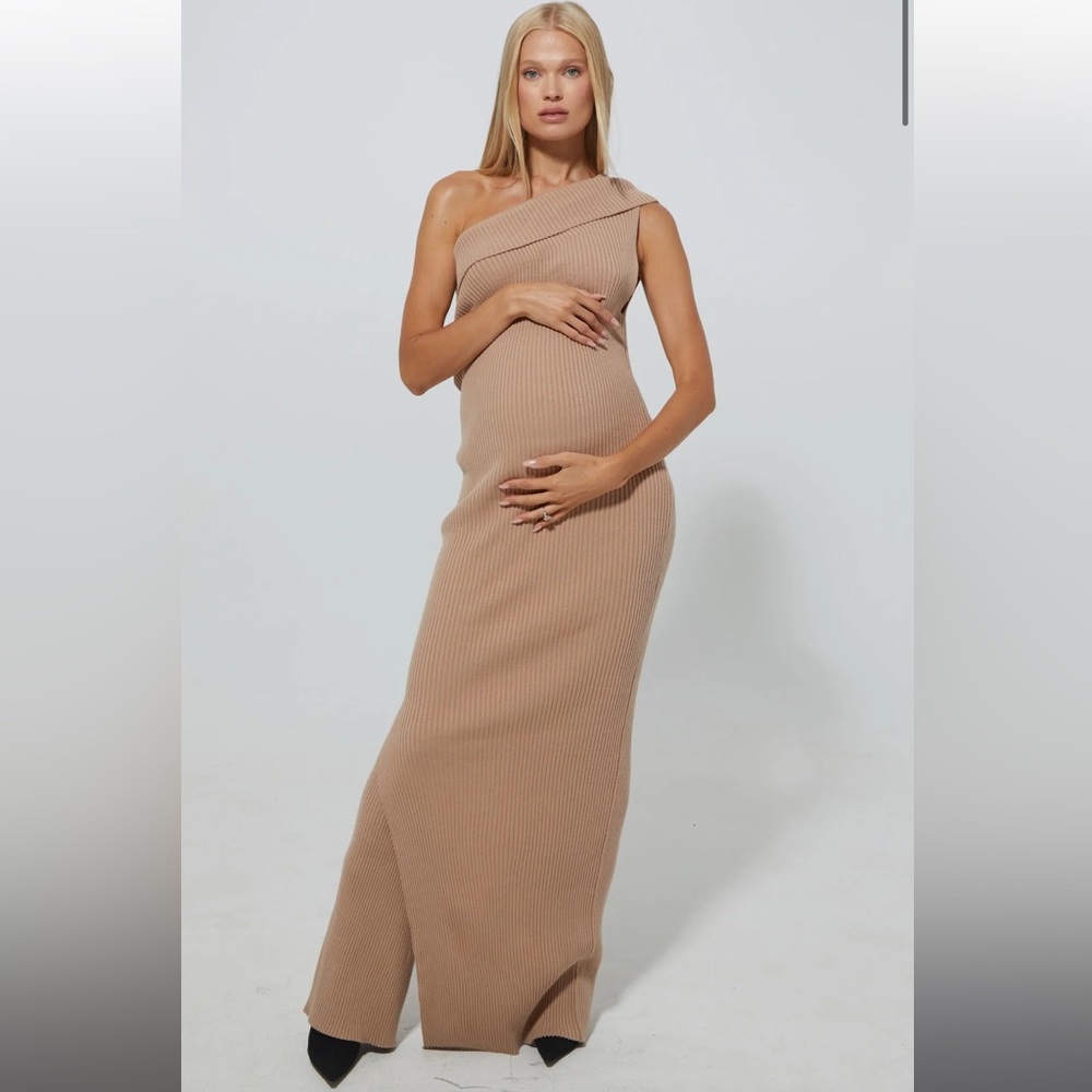 One-Shoulder Ribbed Maxi Dress in Camel